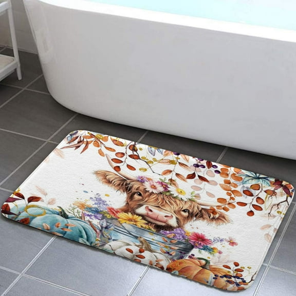 Fall Highland Cow Pumpkin Bath Rugs, Autumn Farmhouse Harvest Thanksgiving Bathroom Rug Accessories Shower Mat Floor Mat, Maple Leaves Doormat, 17X29in