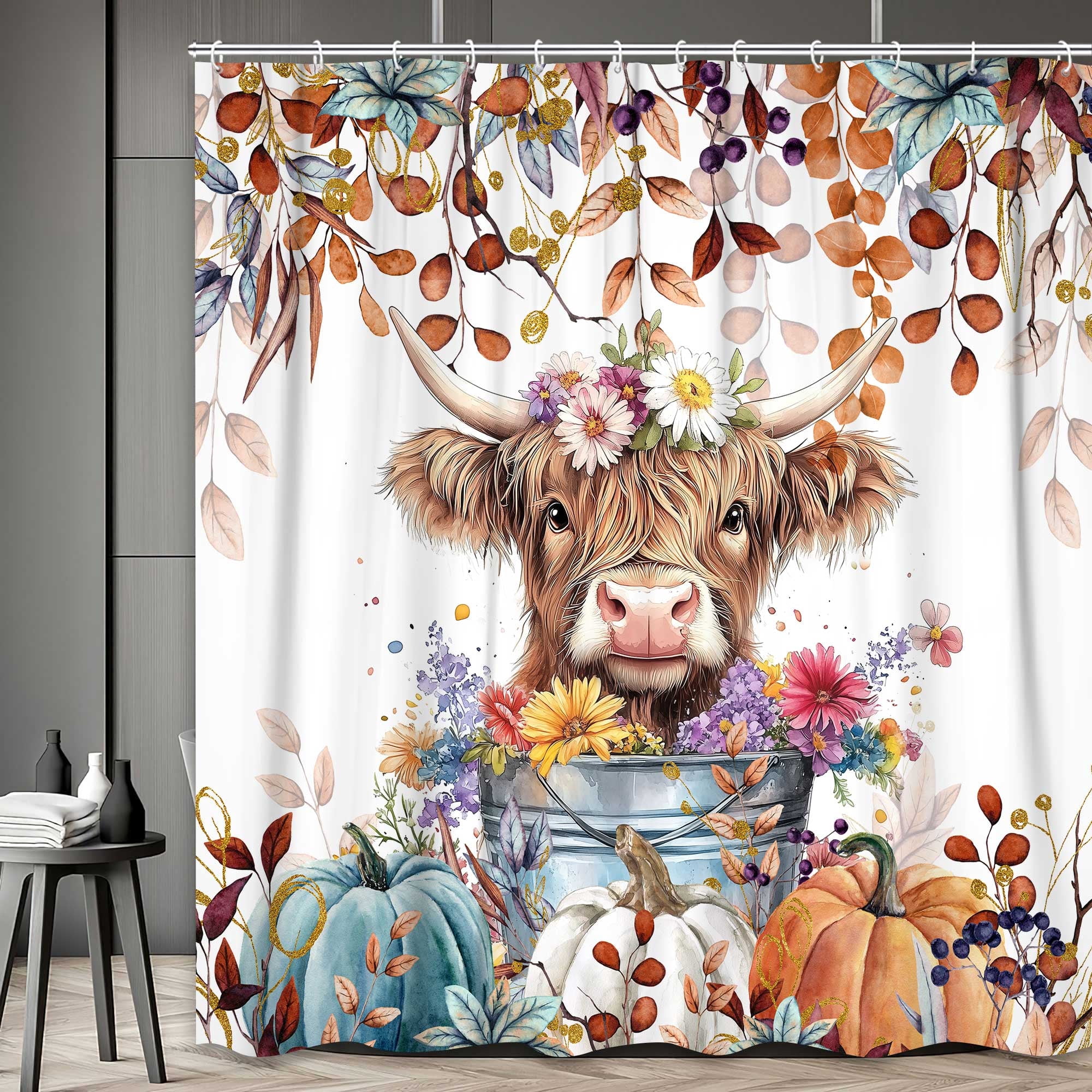 Fall Highland Cow Pumpkin Shower Curtain, Autumn Farmhouse Harvest Thanksgiving Bath Curtain, Maple Leaves Funny Animals Bathroom Accessories Botanical for Bathroom Curtain Set with Hooks, 60X70in
