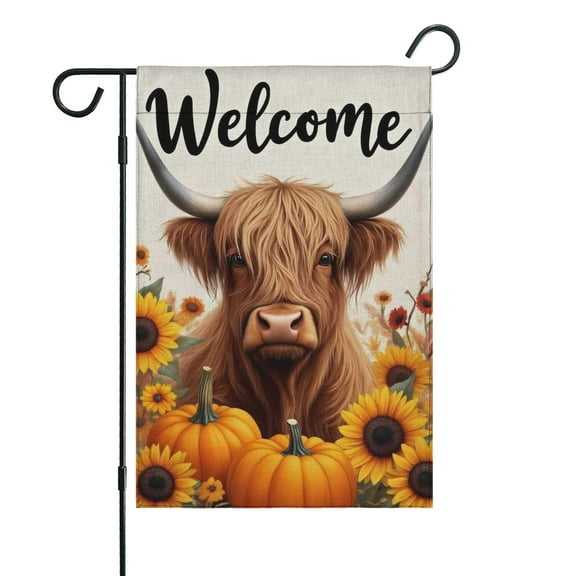 Fall Highland Cow with Pumpkins and Sunflowers Fall Garden Flags 12.5"x18" Double Side,Small Yard Flags for Outside,Outdoor Fall Decor,Autumn Funny Garden Flag Yard Decoration