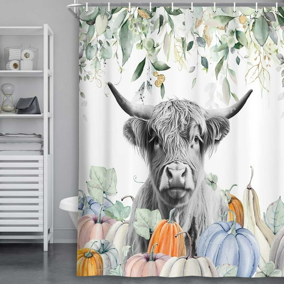 Fall Highland Cow Shower Curtain Fall Eucalyptus Leaves Pumpkin Rustic Farmhouse Western Country Watercolor Autumn Thanksgiving Farm Animal Polyester Bath Curtain with Hook