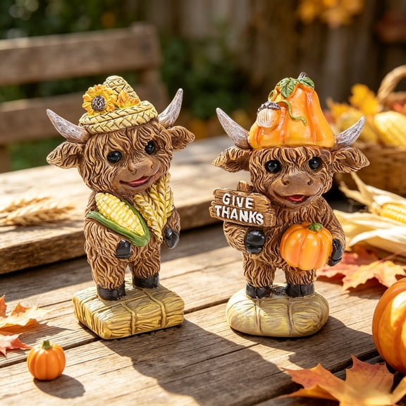 Fall Highland Cow Statue 2 Pack Thanksgiving Resin Harvest Cow Figurines Farmhouse Rustic Autumn Home Tabletop Shelf Decor