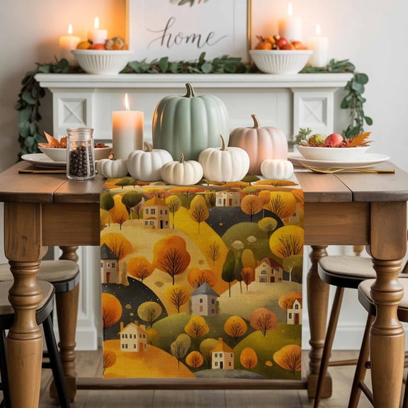 Fall Hill Cotton Linen Table Runner, Washable Table Runners for Kitchen, Dining Room, Holiday, Home Party Table Decor, 13x36 Inches