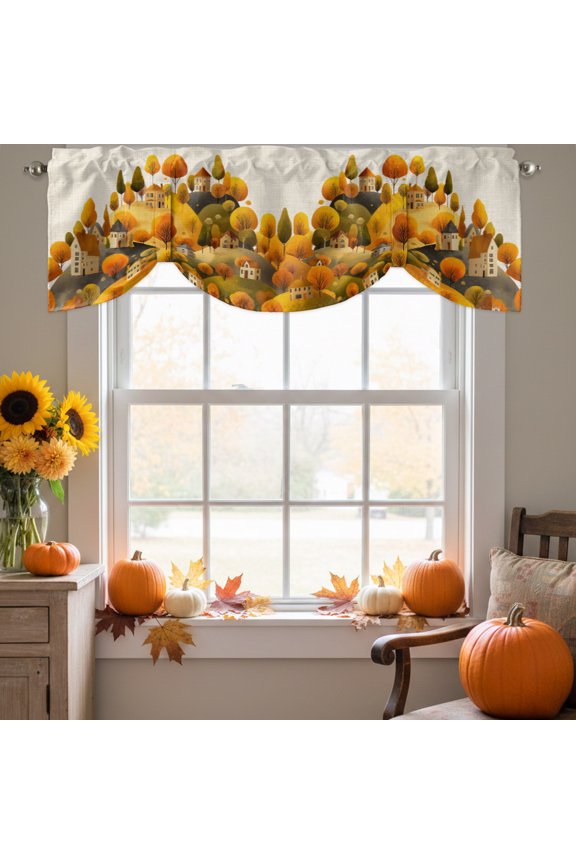 Fall Hill Tie Up Valance for Windows, House Tree Vintage Linen Texture Cartoon Adjustable Rod Pocket Tie Up Valance Curtains Window Treatment for Kitchen Bathroom Bedroom 42 X 12 Inch