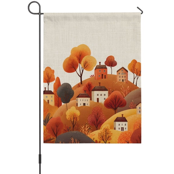 Fall Hills Garden Flag 12 x 18 Inches, House Tree Vintage Linen Texture Cartoon Weather Proof Outdoor Patio Flags Double Sided Small Garden Decoration for Yard Outside Home