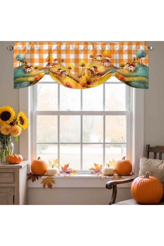 Fall Hills Tie Up Valance for Windows, House Tree Orange White Plaid Cartoon Fall Adjustable Rod Pocket Tie Up Valance Curtains Window Treatment for Kitchen Bathroom Bedroom 42 X 12 Inch