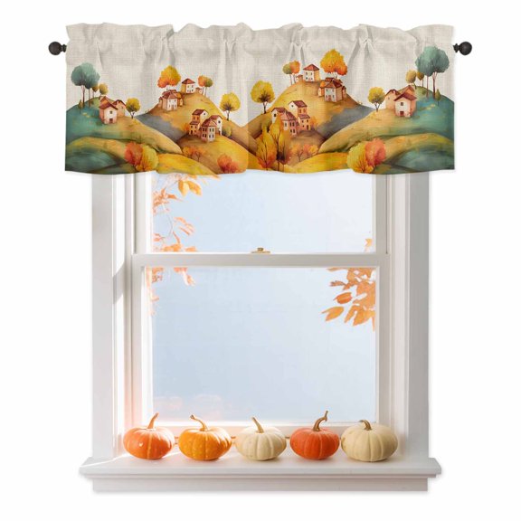 Fall Hills Valances for Windows, 42 x 18in, Tree House Vintage Linen Texture Cartoon Rod Pocket Kitchen Valance Curtain Light Filtering Window Treatments for Living Room Bedroom, 1 Panel