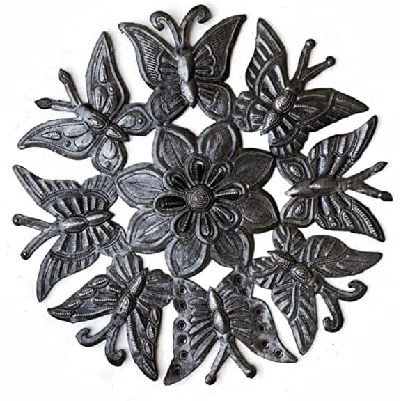 Fall Home Decor, Butterfly Garden Plaque, Haitian Metal Recycled Outdoor Art Wall Sculpture, Silver Bronze Color, 12 x 12 Inches$$Garden & Patio