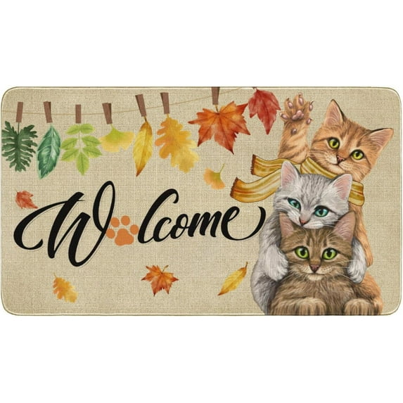 Fall Home Decor Doormat, Cute Funny Cat Outdoor Entrance Welcome Door Mat, Hello Autumn Thanksgiving Decorations Non Slip Floor Mat 30x17 Inches