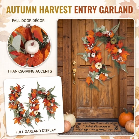 Fall Home Decor, Faux Pumpkins Outdoor, Fall Garland Outdoor, Harvest Front Door Decor, 71 Inch Wire Construction Artificial Fall Vine with White Pumpkins and Maple Leaves for