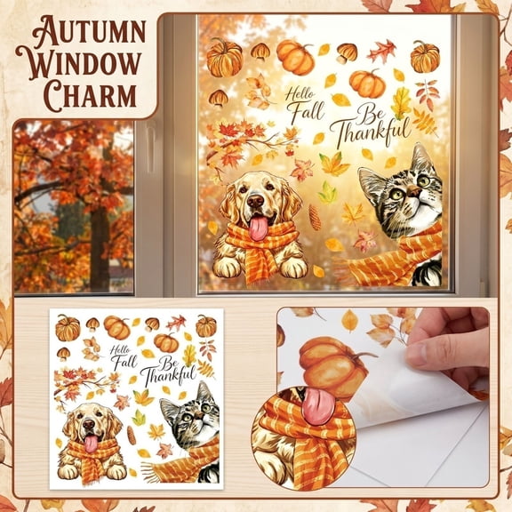 Fall Home Decor, Window Decorations for Glass Surfaces, Peel and Stick Wall Decals, Seasonal Fall Decor Pumpkins and Maple Leaves, 12X8 Inch Waterproof Halloween Fall Window