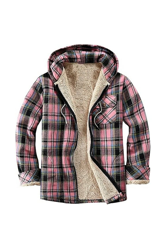 Fall Hooded Flannel Plaid Jackets for Women, Long Sleeves Zipper Drawstring Blouses, Winter Fashion Pocket Warm Coat