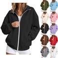 thumbnail image 1 of Fall Hoodies Sweatshirts for Women Zipper Up Fashion Oversize Lightweight Fleece Side Pocket Drop Shoulder Long Sleeve Hooded Sweatshirt Jacket Top, 1 of 8