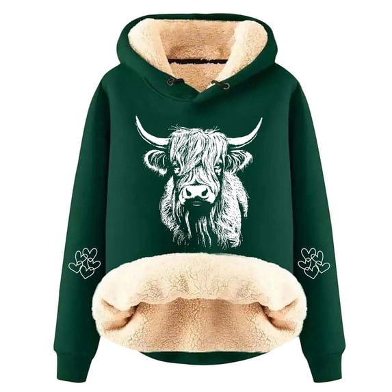 Fall Hoodies for Womens Drawstring Cattle Print Winter Thick Woolen Wool Jacket Hooded Sweatshirt Blouses