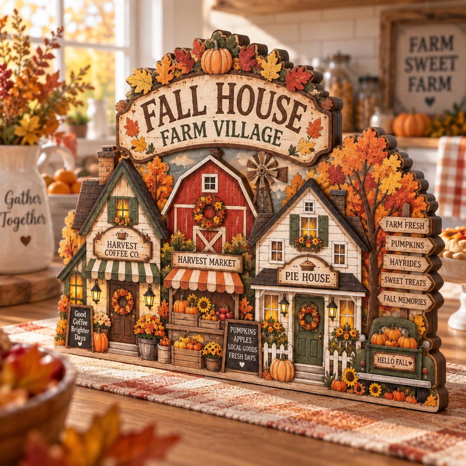 Fall House Farm Village Wooden Block, 2D Flat Autumn Shelf Decor ...