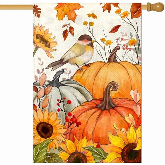 Fall House Flag 28 x 40 Inch, Pumpkin Bird Sunflower Autumn Outdoor Large Decor Flag, Double Sided Polyester Flag for Yard Porch Lawn Patio, Flag Pole Not Included