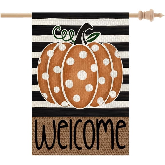 Fall House Flag 28x40 Inch Double Sided Burlap Large for Outside Welcome Orange Pumpkin Stripes Yard Flag CF1153-40