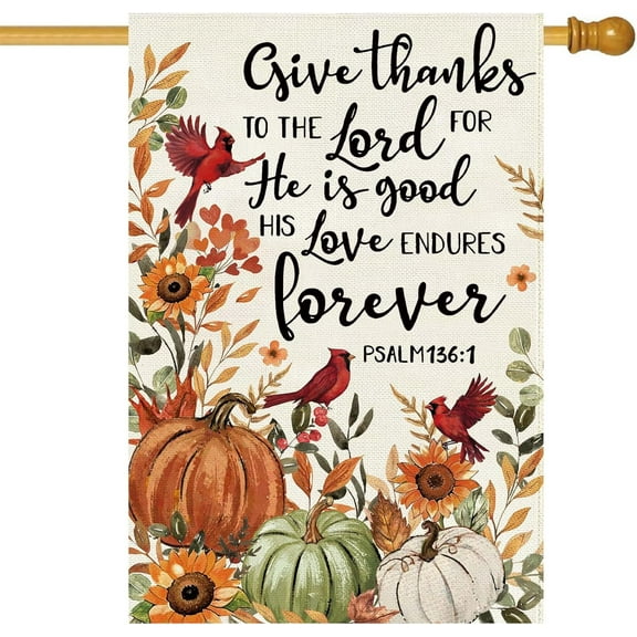 Fall House Flag 28x40 Inch Double Sided,Fall Cardinal Pumpkin Thanksgiving Give Thanks to The Lord Large Garden Flag Seasonal Farmhouse Holiday Yard Outdoor Outside Decoration