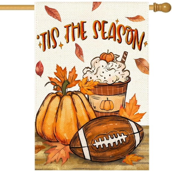 Fall House Flag 28x40 Inch Double Sided Outside Tis' the Season Autumn Rustic Football Pumpkin Leave Large Garden Flags Seasonal Holiday Yard Outdoor Decoration