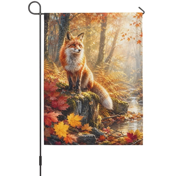Fall House Flags For Outdoor, Red Fox Orange Maple Leaves Forest Creek Amber Gold Sunbeam Small Double Side Yard Flags Weather Proof House Decor for Lawn Outside Holiday 28 x 40 Inches