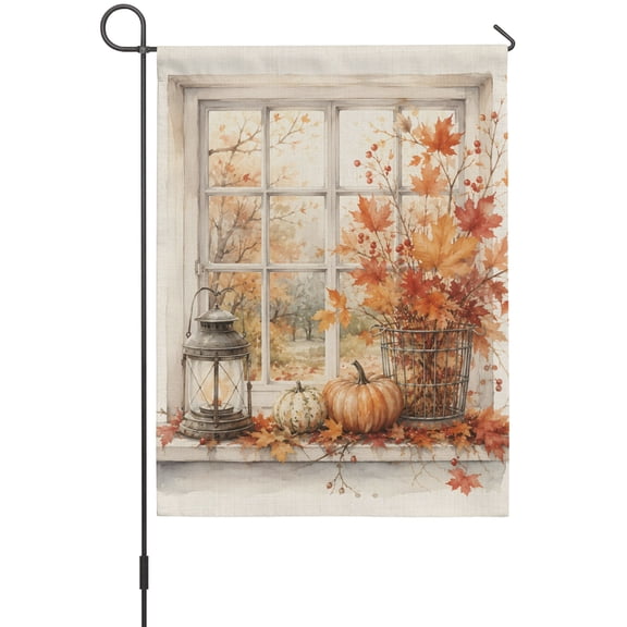 Fall House Flags For Outdoor, Rustic Cottage Window Frame Orange Maple Foliage Pumpkin Small Double Side Yard Flags Weather Proof House Decor for Lawn Outside Holiday 28 x 40 Inches