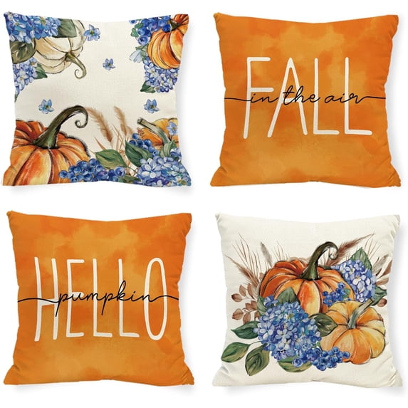 Fall Hydrangea Pumpkin Pillow Covers Hello Fall 18 x 18 Inch Throw Pillows, Thanksgiving Autumn Floral Seasonal Decorative Farmhouse Cushion Case for Sofa Couch Set of 4