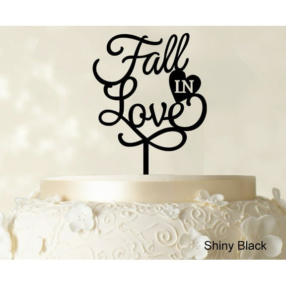 "Fall In Love" Wedding Cake Topper Personalized Shiny Black Cake Topper Cake Decoration Option Available 6"-7" Inches Wide