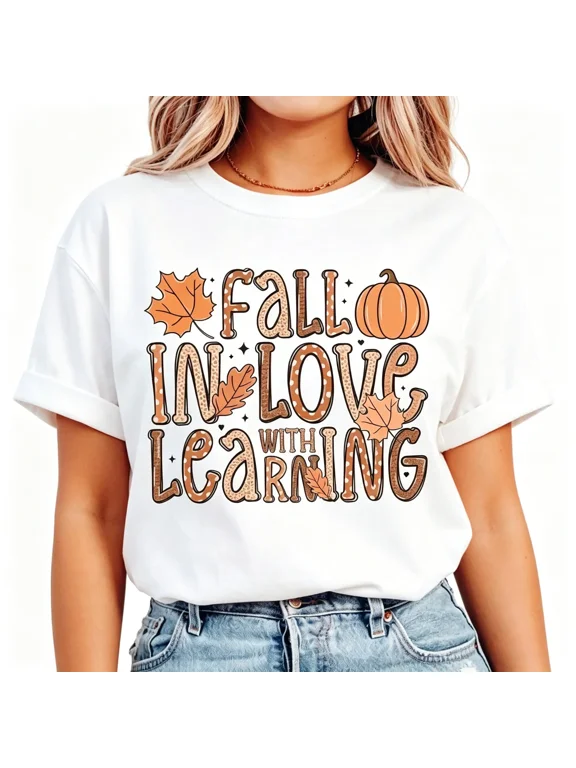 Fall In Love With Learning Teacher T-Shirt, Cute Pumpkin Maple Leaf Graphic Tee, Women's Short Sleeve Top, Autumn Thanksgiving Gift for Educators