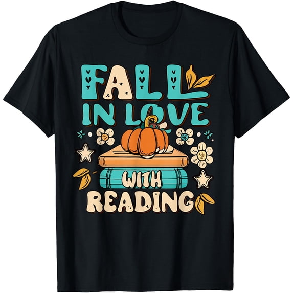 Fall In Love With Reading Book Autumn Pumpkins And Teachers T-Shirt ...