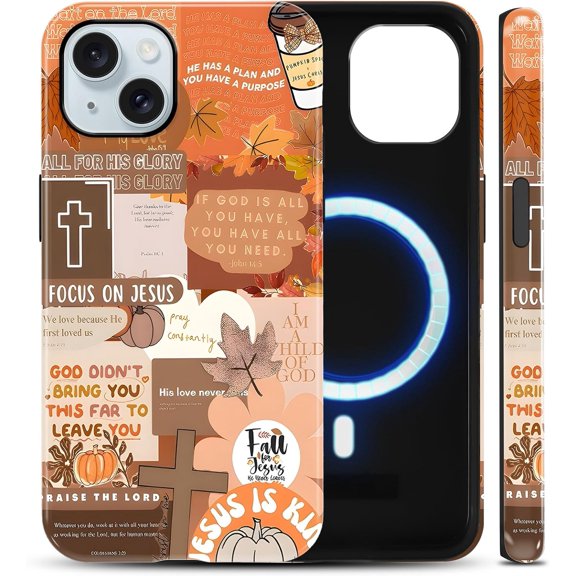 Fall Inspirational Quote Phone Case for iPhone 15 6.1 Inch - Autumn Faith Pumpkin Leaf Collage Protective Cover, Compatible with MagSafe Hard PC Shockproof Magnetic Case for Women Men Boys
