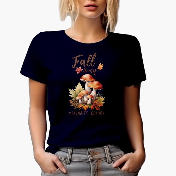 Fall Is My Favorite Color, Mushrooms & Autumn Leaves Art Merch Gift, Navy Blue T-Shirt, Small