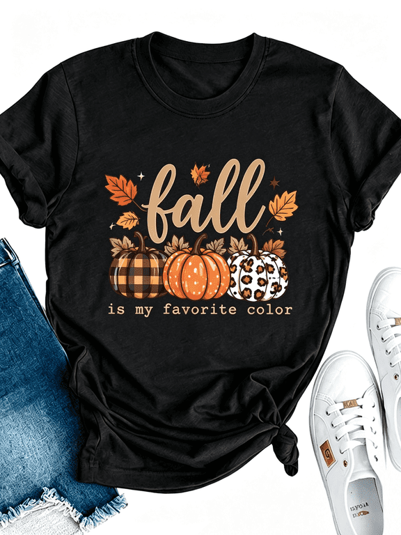Fall Is My Favorite Color T‑Shirt, Plaid Leopard Pumpkin Maple Leaf Graphic Tee, Women Casual Autumn Short Sleeve Top