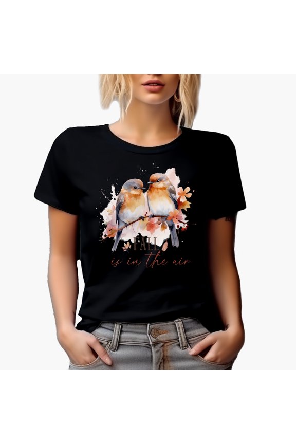Fall Is in the Air, Watercolor Love Birds Art Merch Gift, Black T-Shirt, XL
