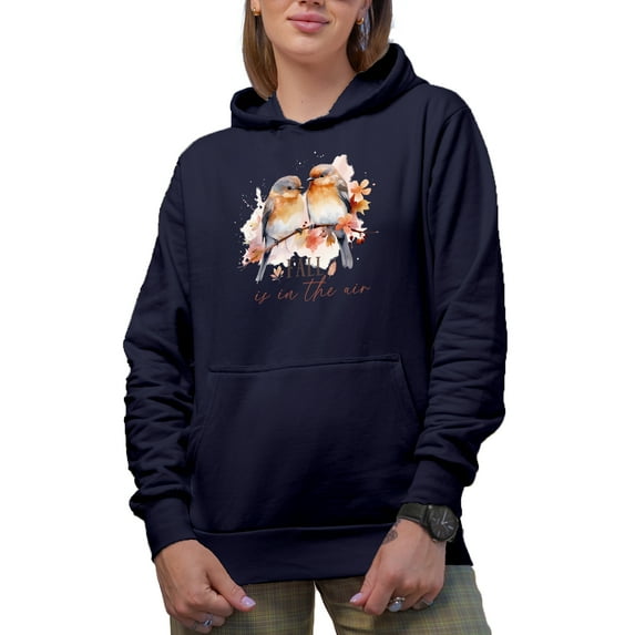 Fall Is in the Air, Watercolor Love Birds Art Merch Gift, Navy Blue Hooded Sweatshirt or Hoodie, Medium