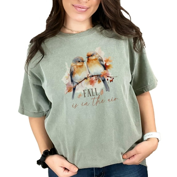 Fall Is in the Air, Watercolor Love Birds Art, Moss Comfort Colors T-Shirt, XL