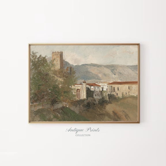 Fall Italy, Antique Cityscape Poster, Vintage Countryside Wall Art, Autumn, Downloadable Art Poster708, Stretched Canvas Size 8x12
