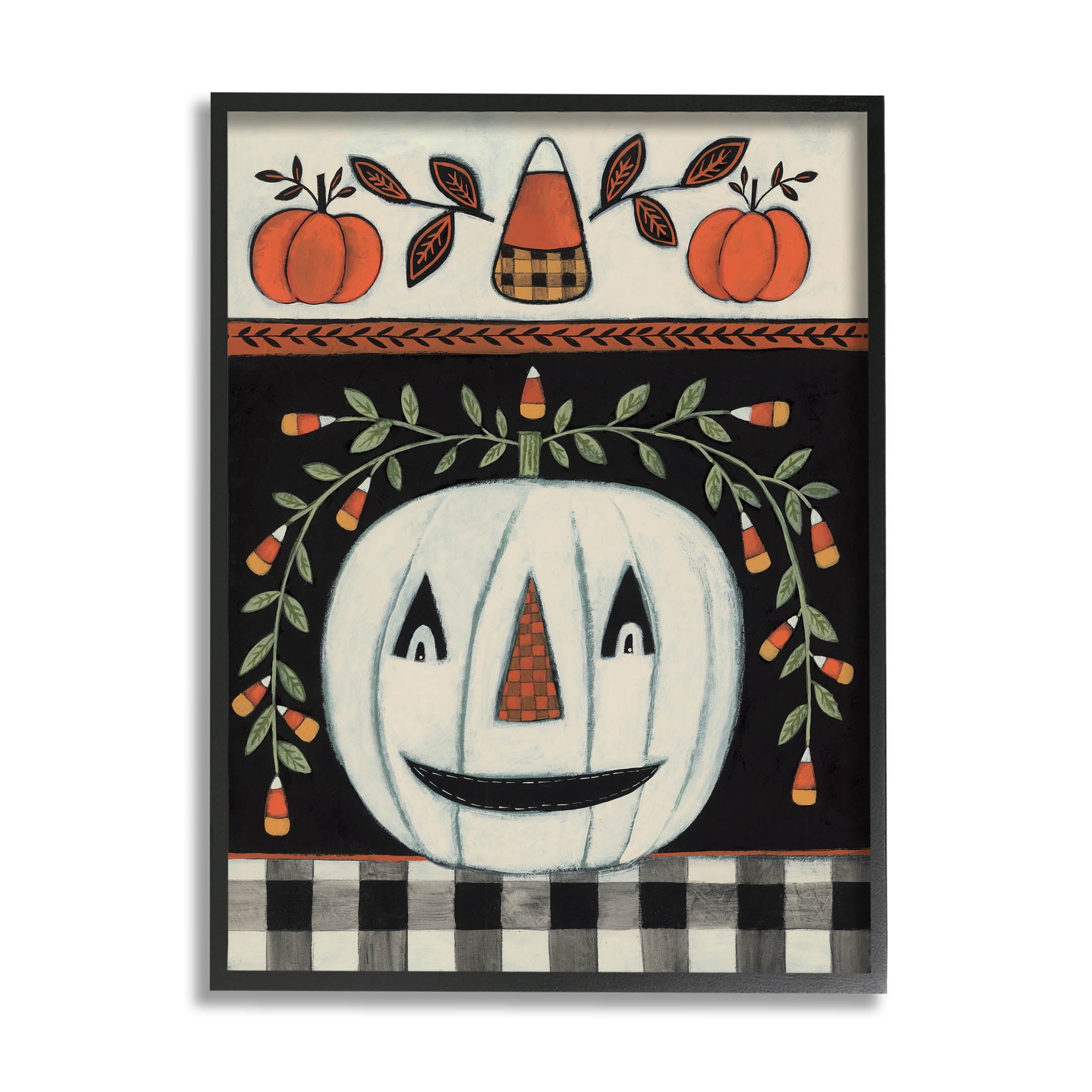 Fall Jack-o-Lantern Tartan Pattern Holiday Graphic Art Black Framed Art Print Wall Art