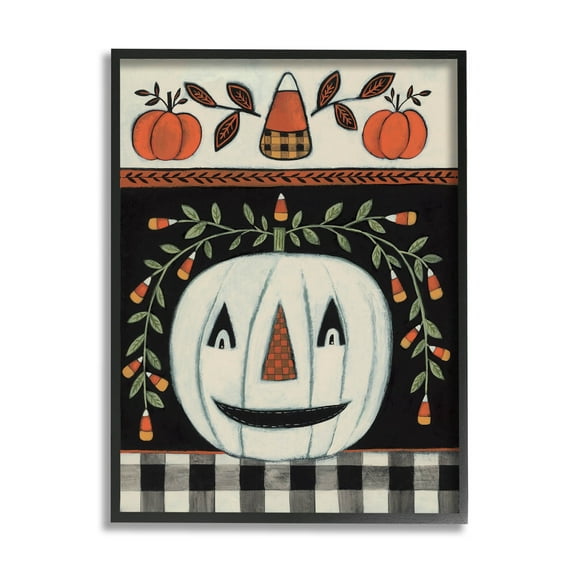 Fall Jack-o-Lantern Tartan Pattern Holiday Graphic Art Black Framed Art Print Wall Art