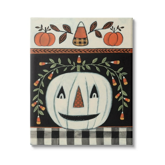 Fall Jack-o-Lantern Tartan Pattern Holiday Graphic Art Gallery Wrapped Canvas Print Wall Art