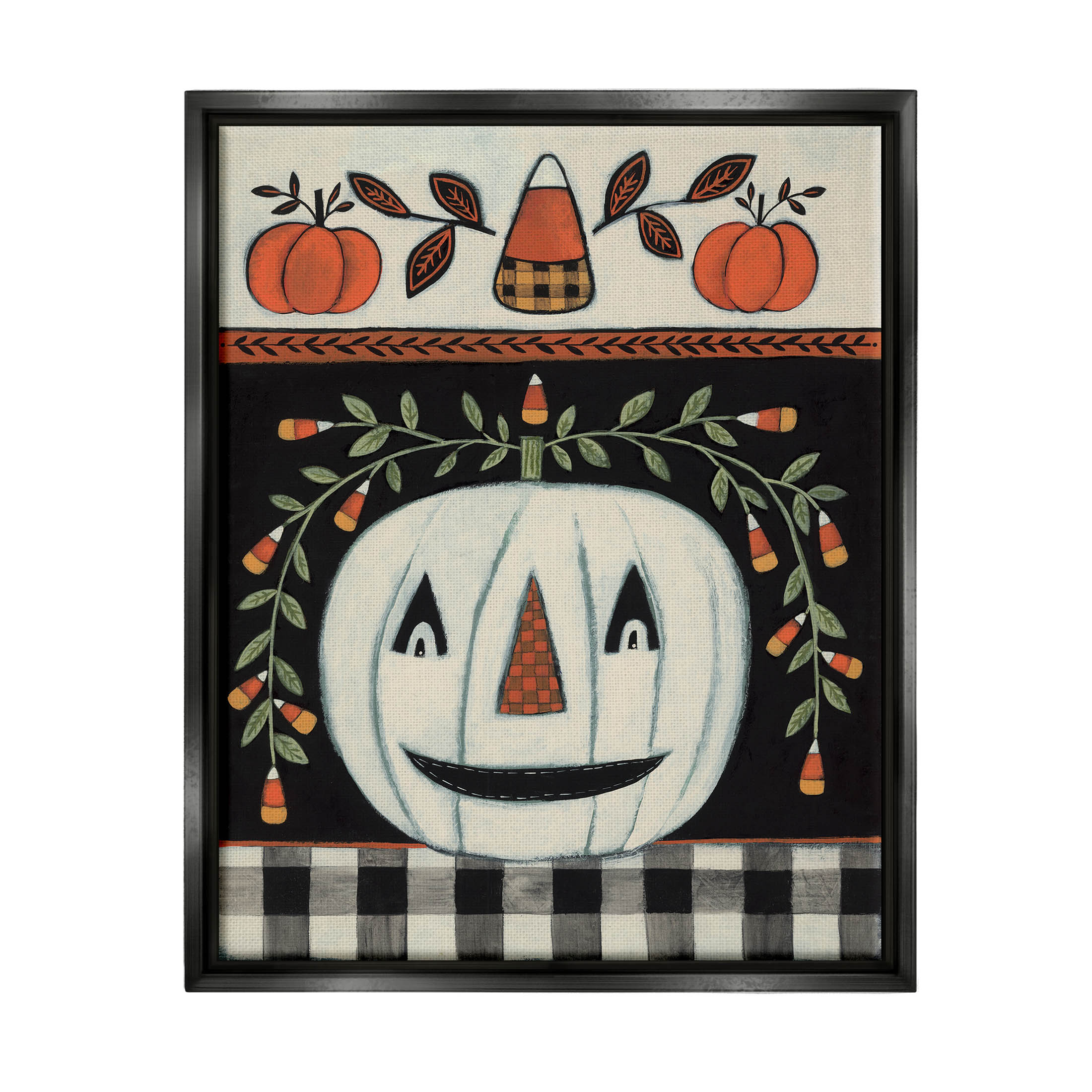Fall Jack-o-Lantern Tartan Pattern Holiday Graphic Art Jet Black Framed Art Print Wall Art