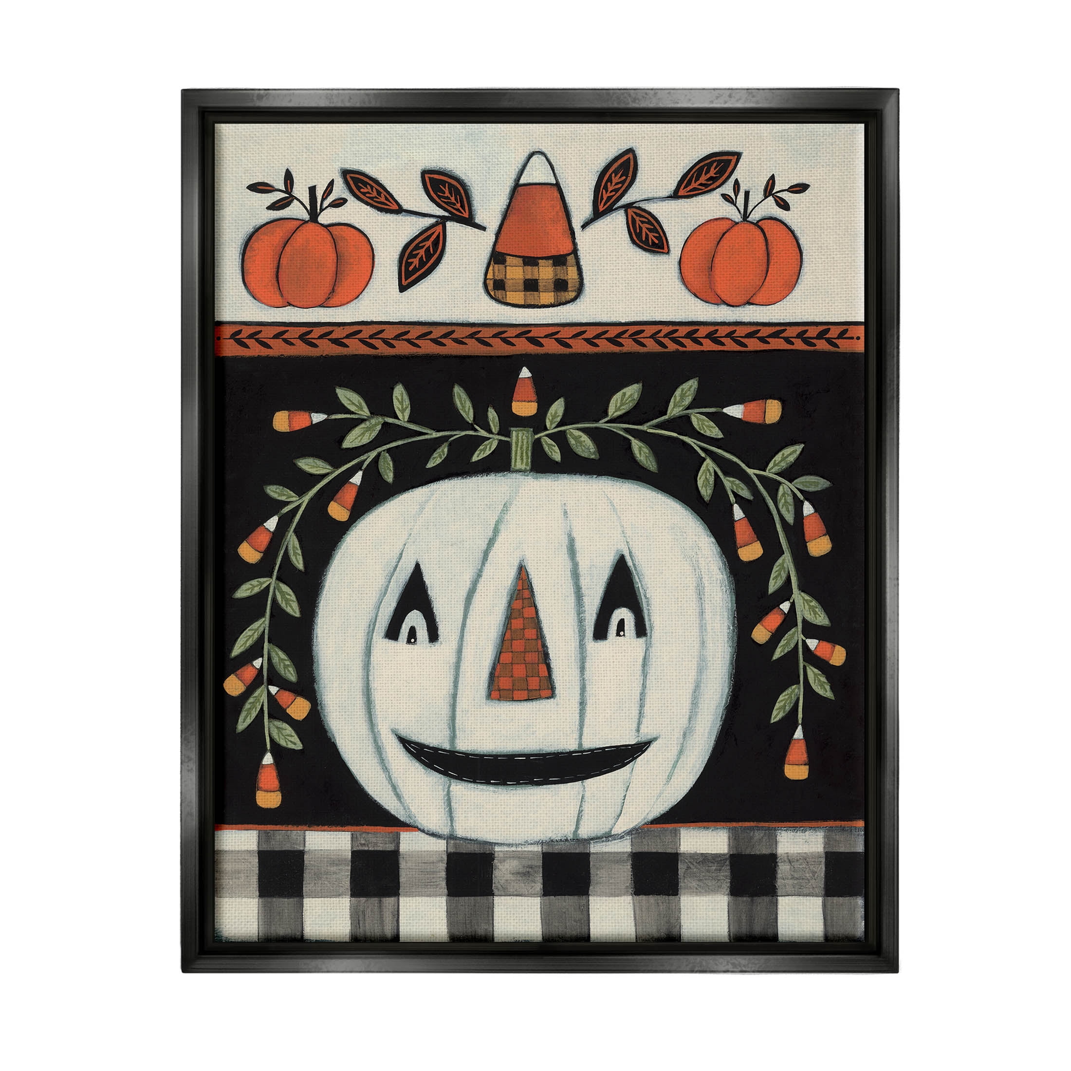 Fall Jack-o-Lantern Tartan Pattern Holiday Graphic Art Jet Black Framed Art Print Wall Art
