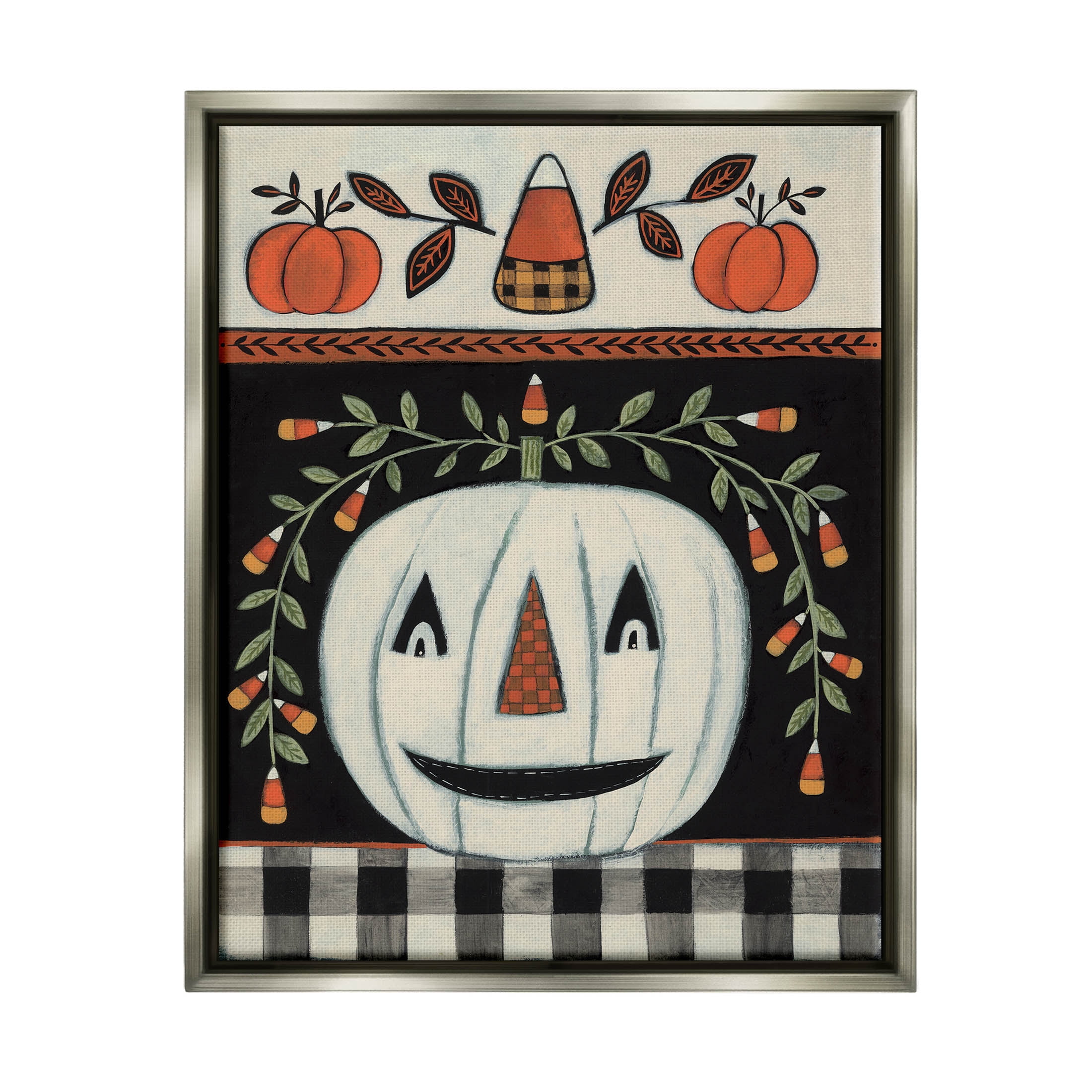 Fall Jack-o-Lantern Tartan Pattern Holiday Graphic Art Luster Gray Framed Art Print Wall Art