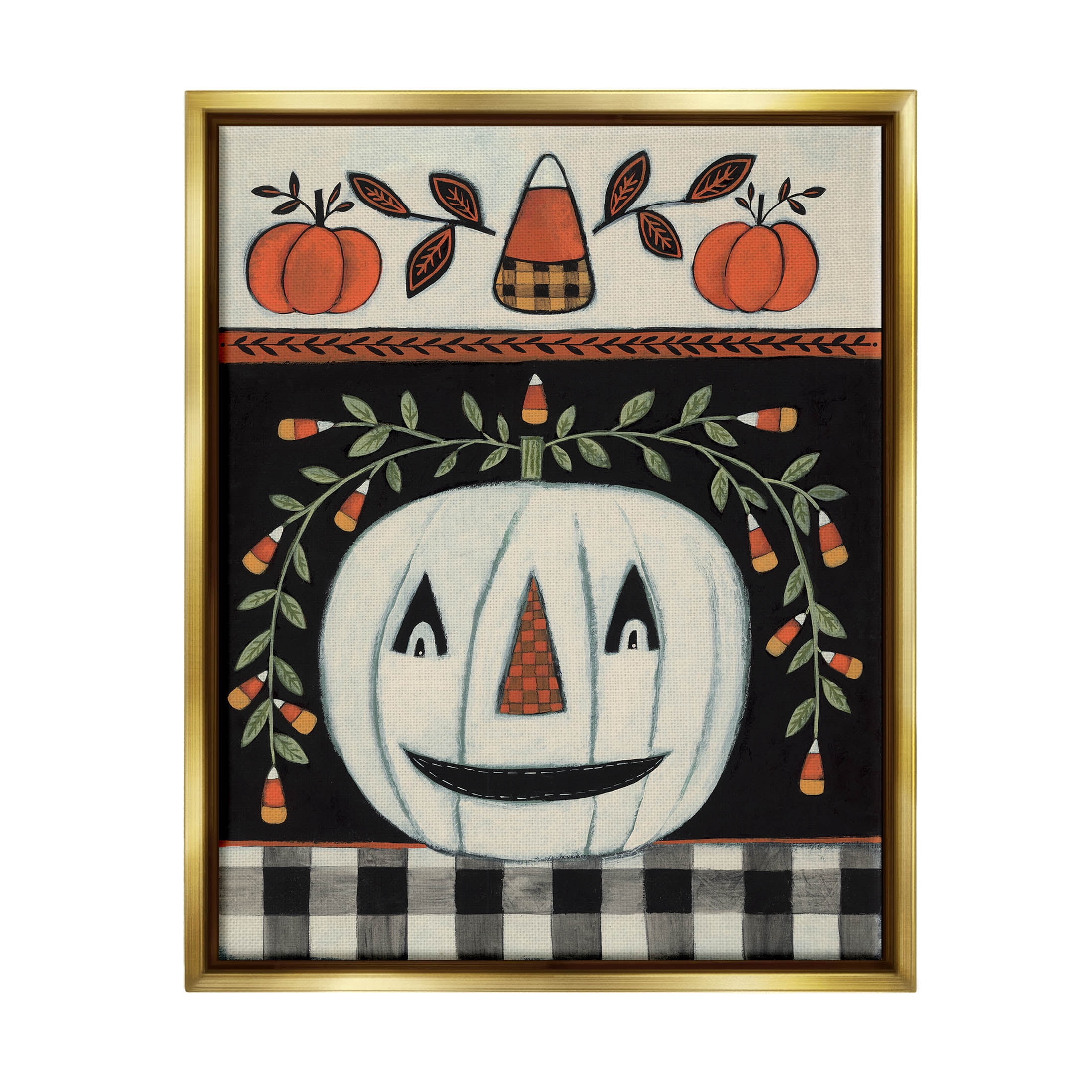 Fall Jack-o-Lantern Tartan Pattern Holiday Graphic Art Metallic Gold Framed Art Print Wall Art