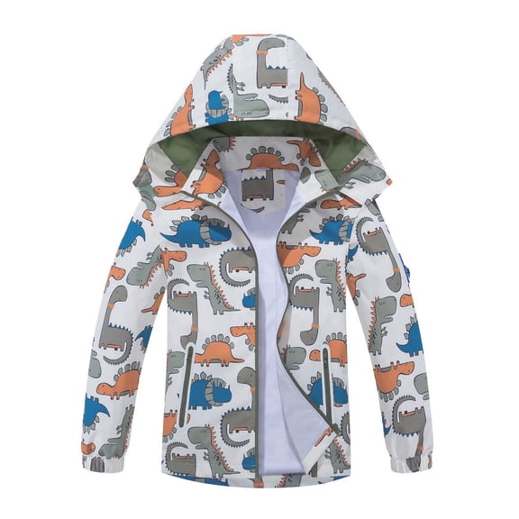 Fall Jacket For Boys Dinosaur Print Windbreaker With Detachable Hood Outdoor Windproof Raincoats Lightweight Coat