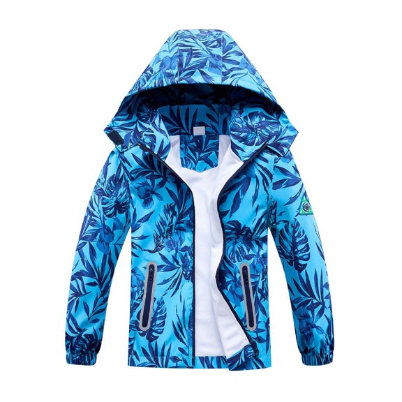 Fall Jacket For Boys Leaves Print Windproof Waterproof Zipper Raincoat With Detachable Hood Lightweight Coat