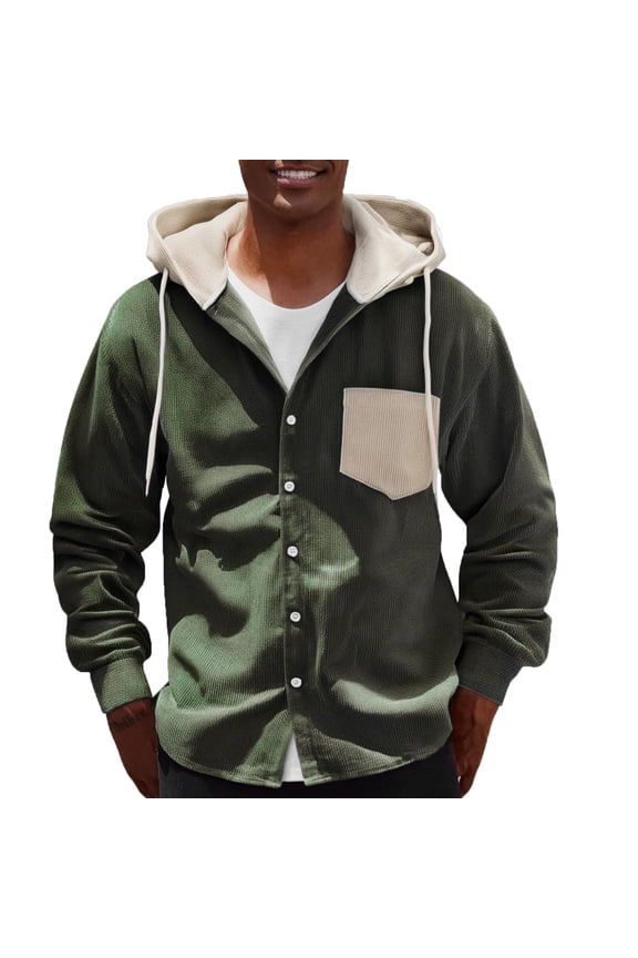 Fall Jacket Sevevn Men's Fashionable Solid Color Long Sleeved Hooded Drawstring Pocket Button Jacket