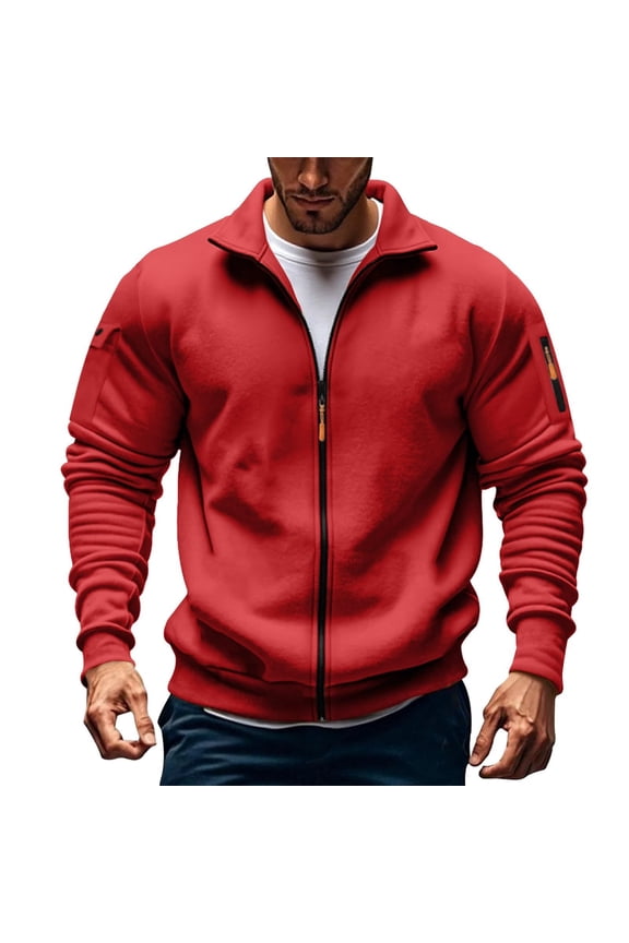 Fall Jacket Sevevn Men's Zip Up Jacket Solid Color Long Sleeved Stand-Up Collar Fleece Thick Pocket Jacket