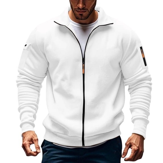Fall Jacket Sevevn Men's Zip Up Jacket Solid Color Long Sleeved Stand-Up Collar Fleece Thick Pocket Jacket