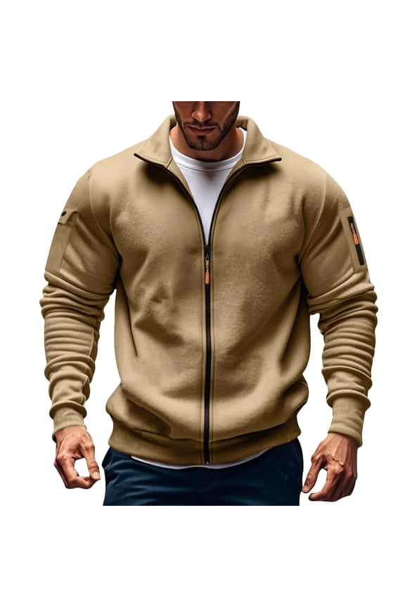 Fall Jacket Sevevn Men's Zip Up Jacket Solid Color Long Sleeved Stand-Up Collar Fleece Thick Pocket Jacket