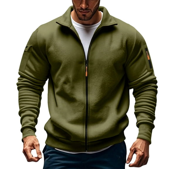 Fall Jacket Sevevn Men's Zip Up Jacket Solid Color Long Sleeved Stand-Up Collar Fleece Thick Pocket Jacket