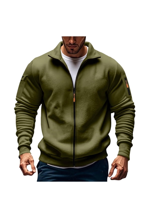 Fall Jacket Sevevn Men's Zip Up Jacket Solid Color Long Sleeved Stand-Up Collar Fleece Thick Pocket Jacket